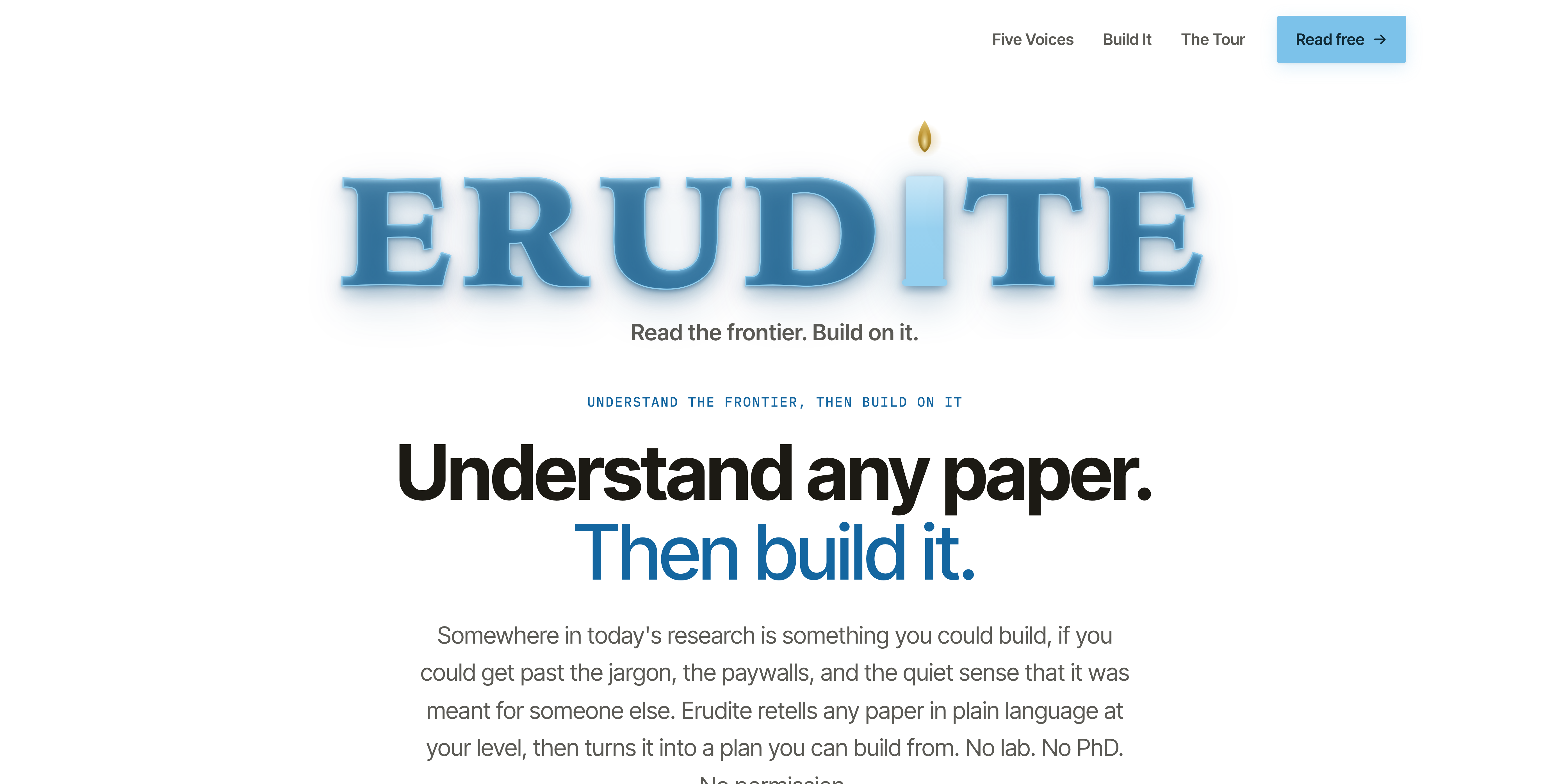 erudite: a research paper read back in plain language across five levels, with a one-tap build plan